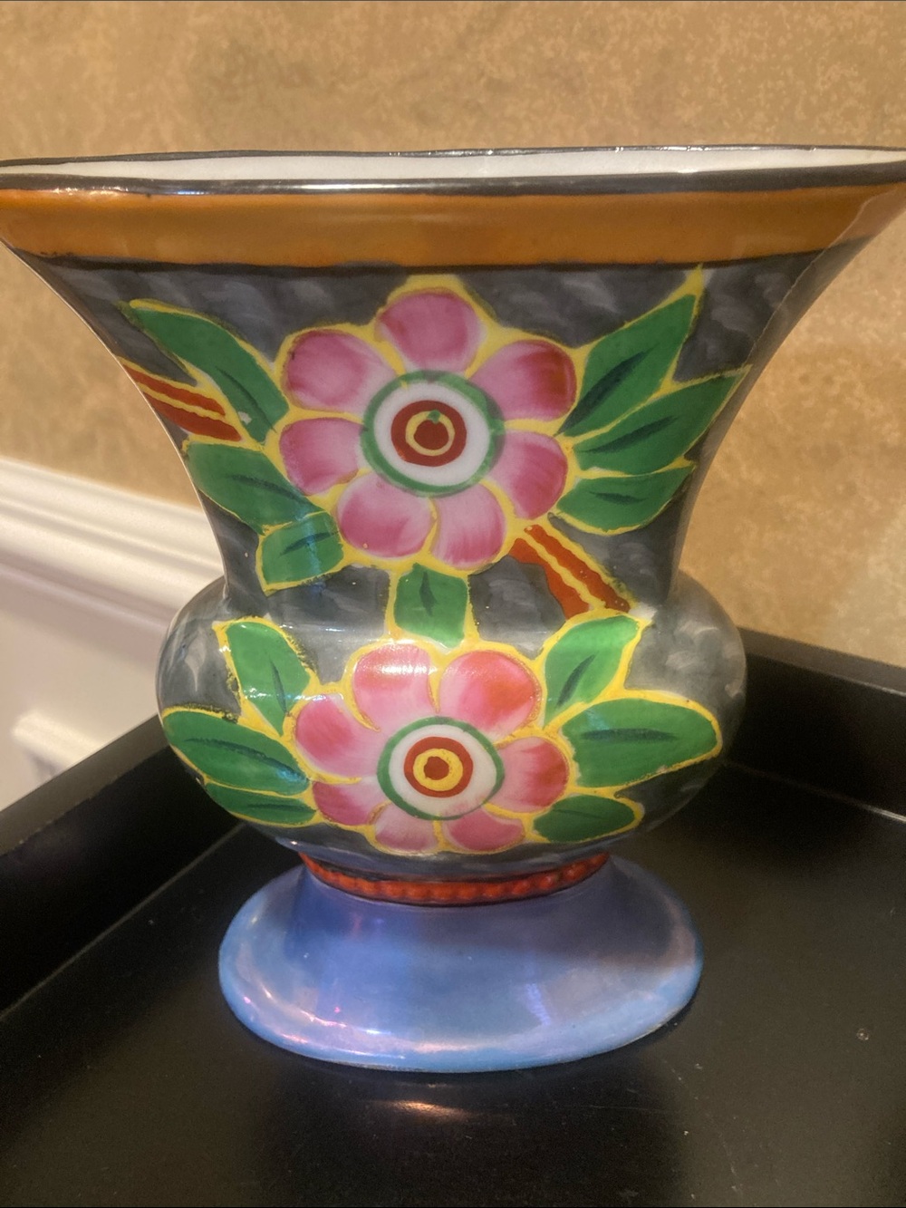 Decorative Floral luster Ware Ceramic Tulip Pedestal Vase handpainted Japan